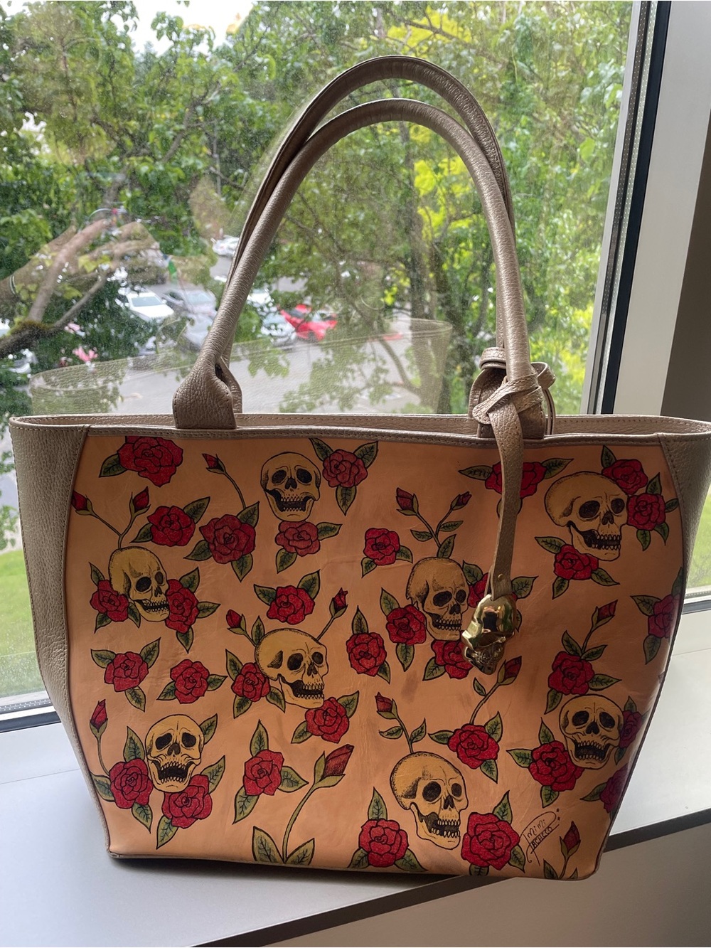 Prison Art Hand Painted One of a Kind Tote - Skull and Rose Design